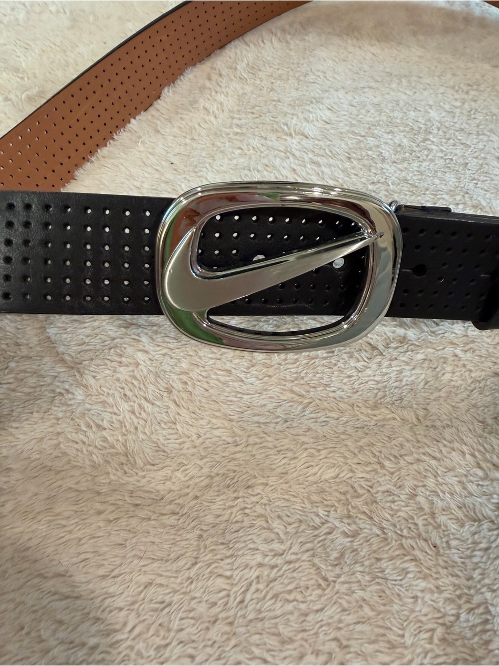 Nike Black Perforated Leather Belt with Silver Swoosh Buckle 41” long